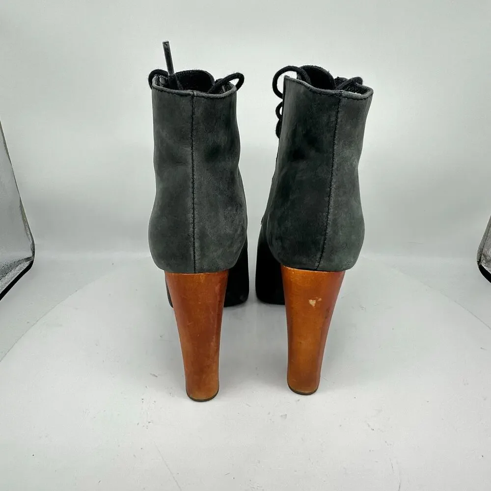 Jeffrey Campbell Lita Chunky Platform Gray Wooden Heel Leather Bootie Size 6.5
